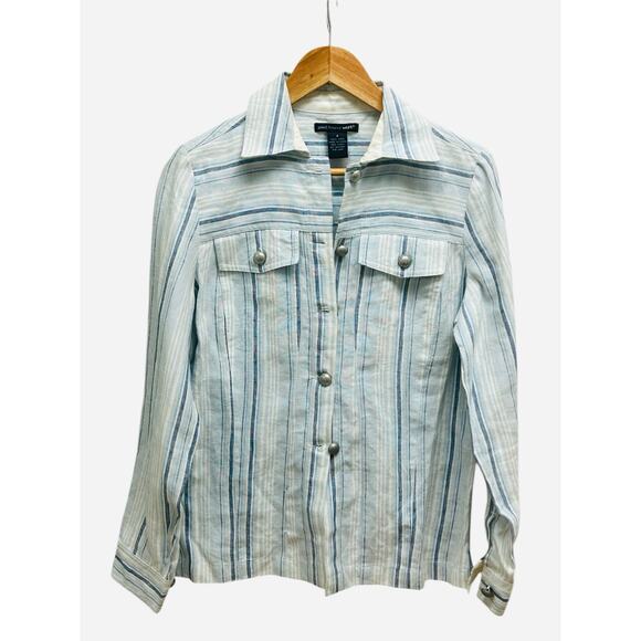 St Tropez West Striped Linen Jacket Blue White Belted Style‎ Size 4 - Picture 1 of 9